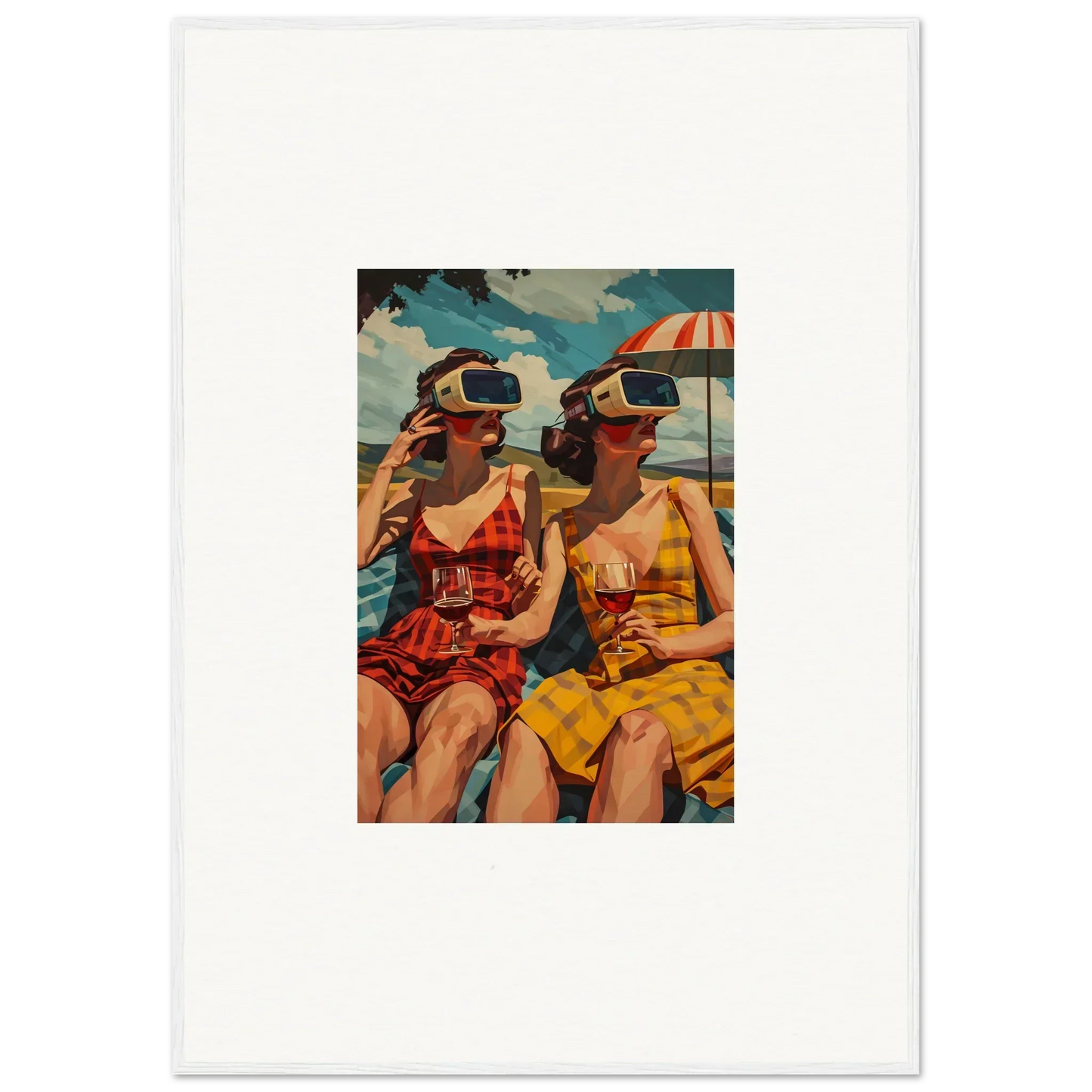 Vintage illustration of two women in swimsuits with VR headsets at the beach, perfect for room decoration