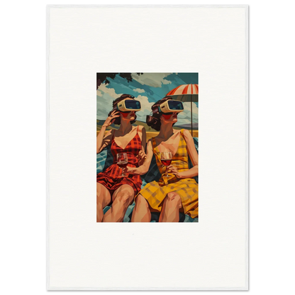 Vintage illustration of two women in swimsuits with VR headsets at the beach, perfect for room decoration