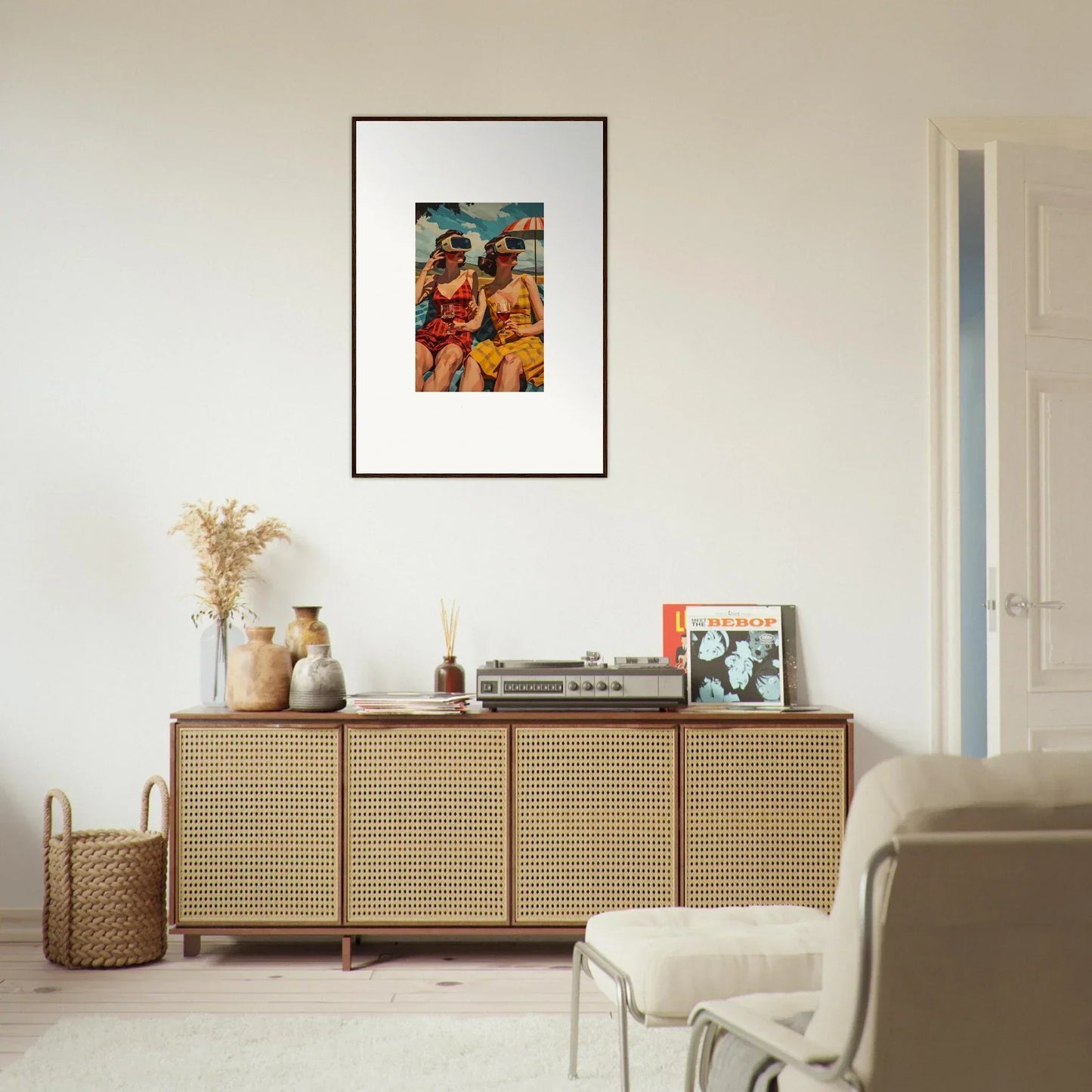 Wooden sideboard with cane-webbed doors for stylish room decoration and parallel realities vibe