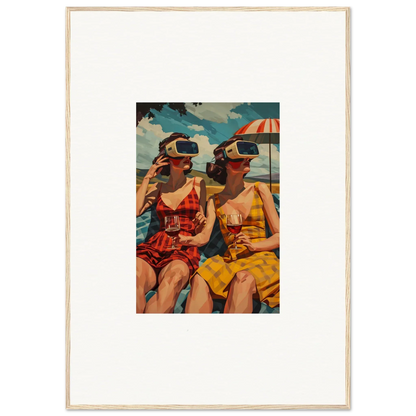 Framed vintage-style canvas print of women in swimsuits exploring parallel realities at the beach