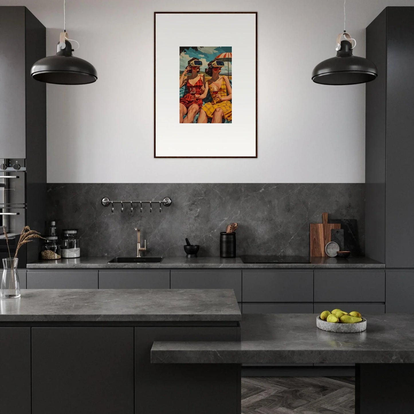 Stylish kitchen with dark cabinets, concrete tops, and a colorful canvas print on the wall