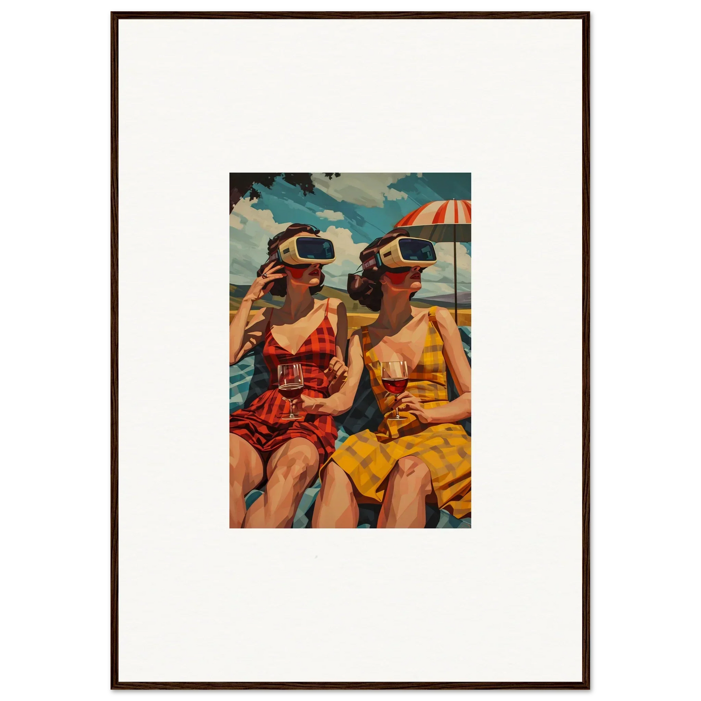 Framed vintage canvas print of two women in swimsuits exploring parallel realities at the beach