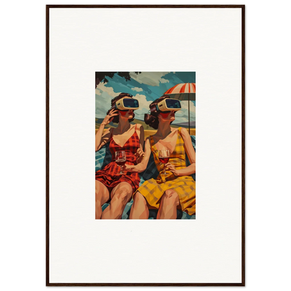 Framed vintage canvas print of two women in swimsuits exploring parallel realities at the beach