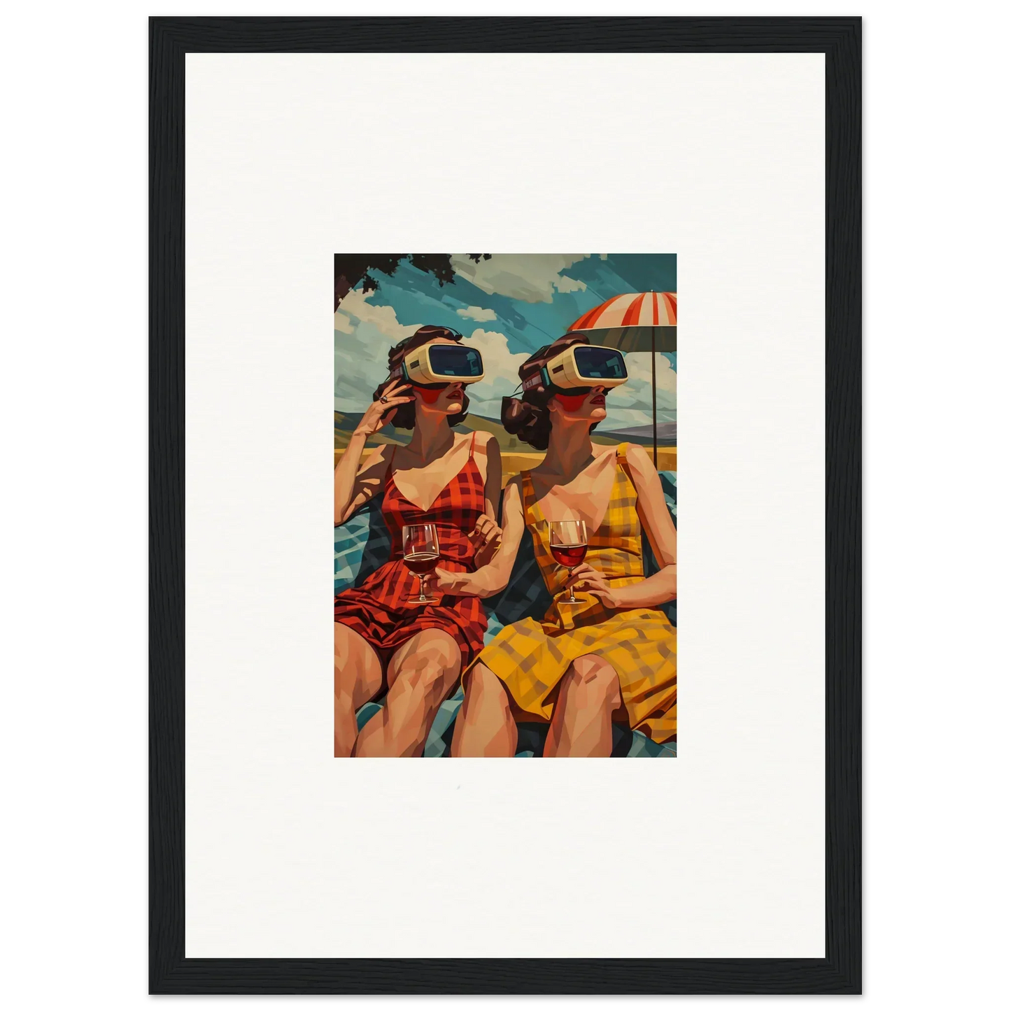 Framed vintage photo of two women in swimsuits with VR headsets for cool room decoration