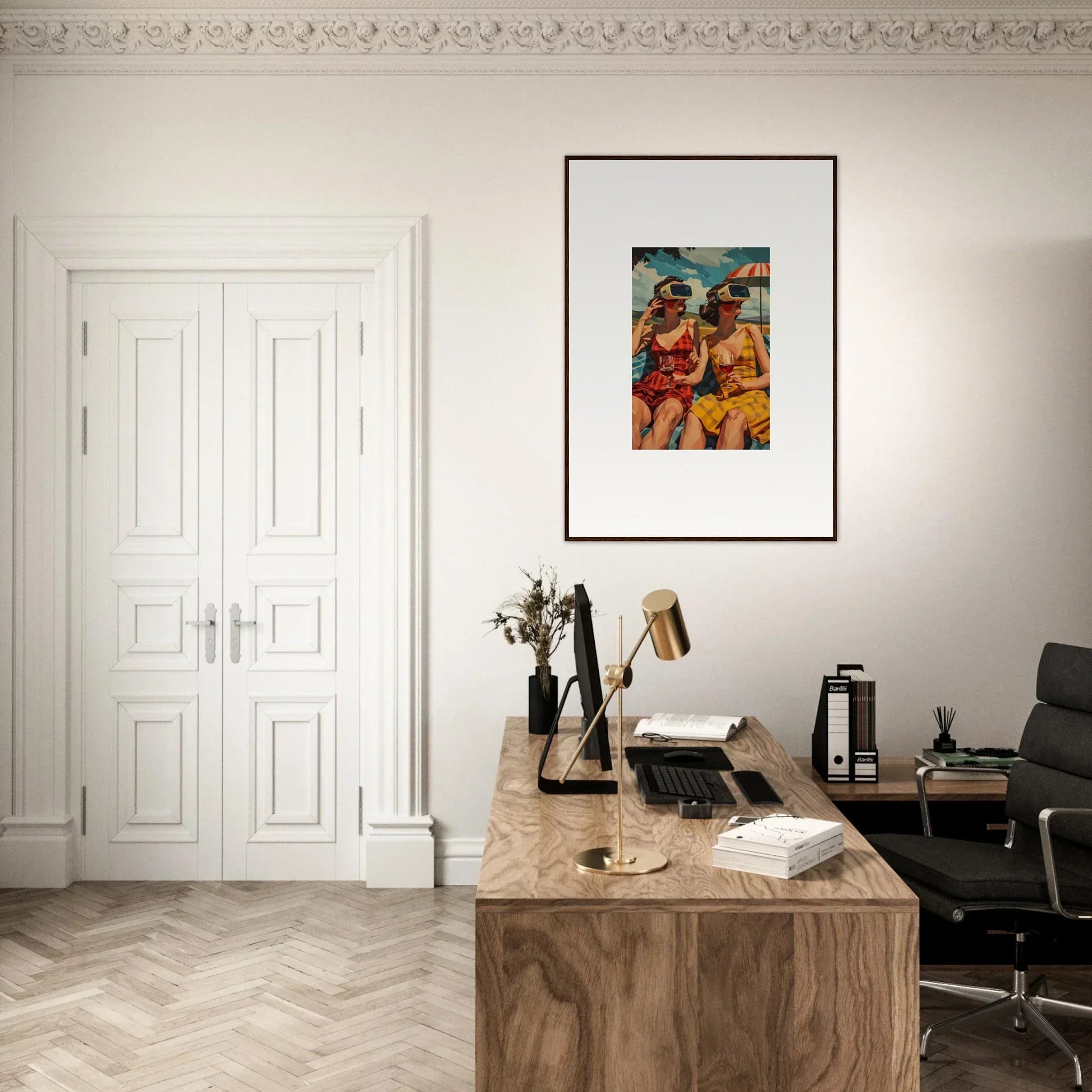 Home office with a wooden desk, chair, and stylish canvas print of parallel realities