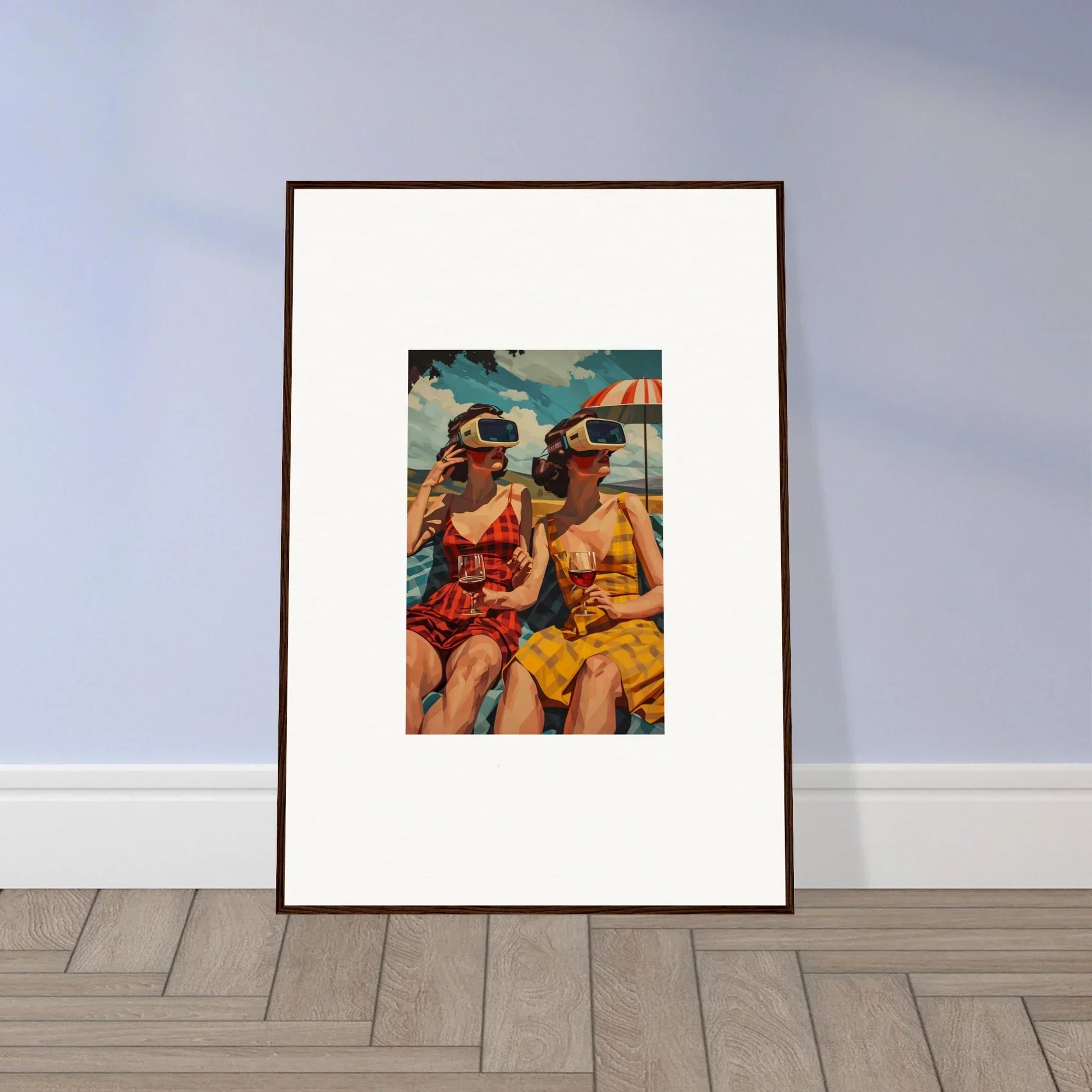 Framed canvas print of two women in colorful swimwear enjoying the beach, perfect for room decoration