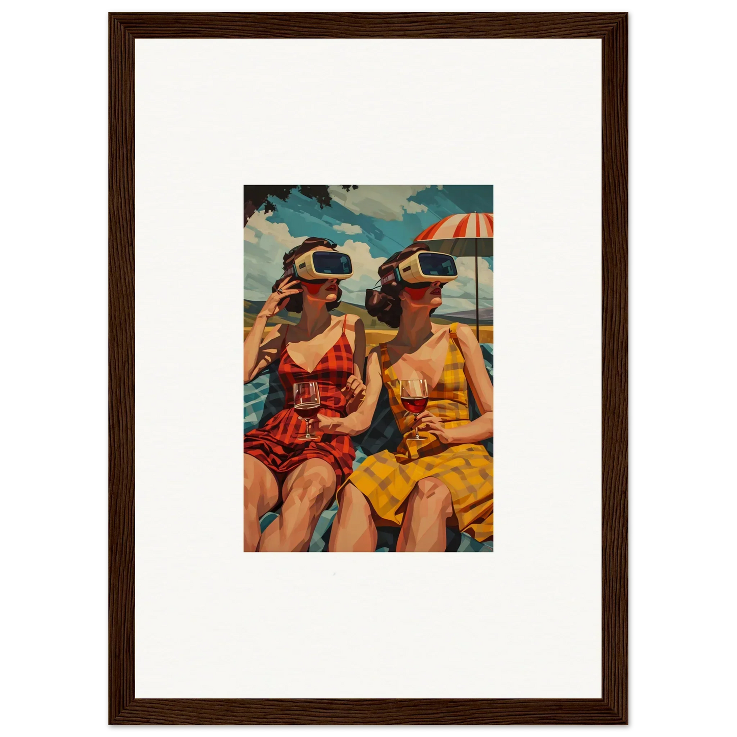 Vintage-style canvas print of two women in swimsuits enjoying parallel realities at the beach