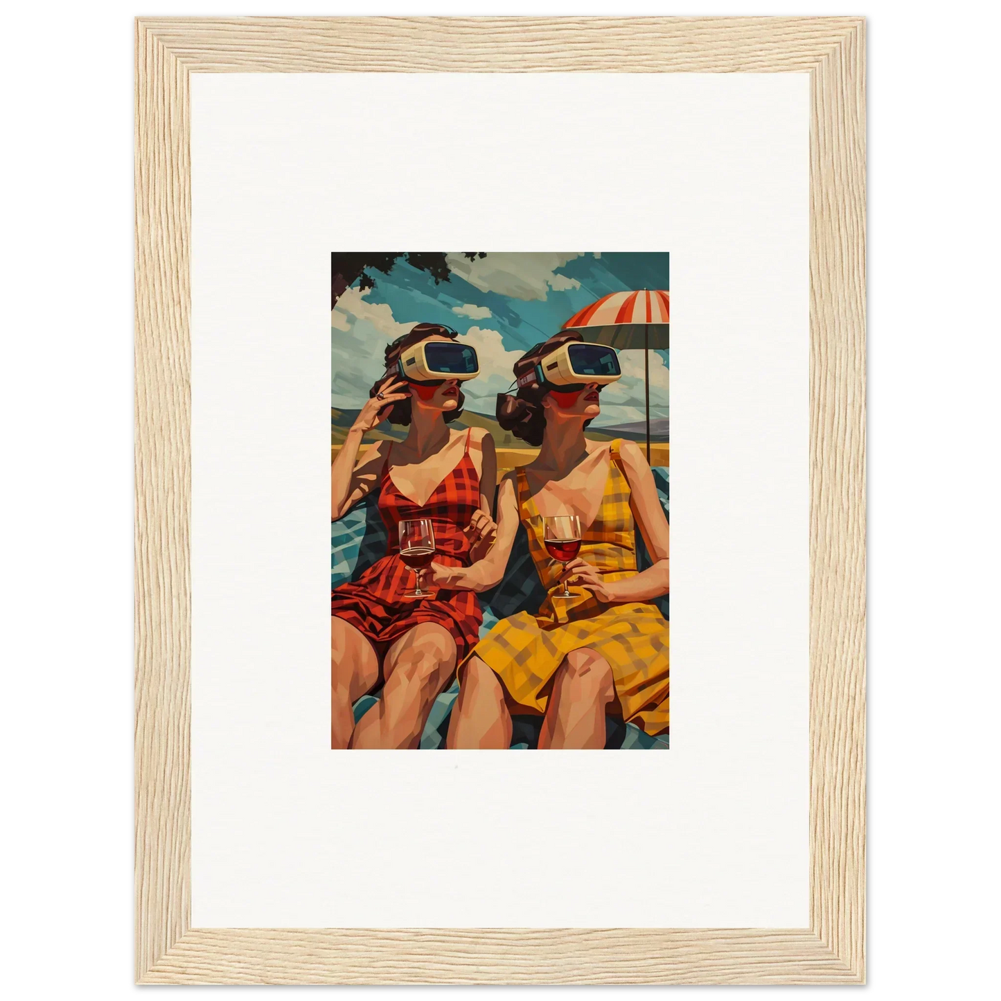 Framed vintage-style canvas print of women in swimsuits enjoying parallel realities at the beach