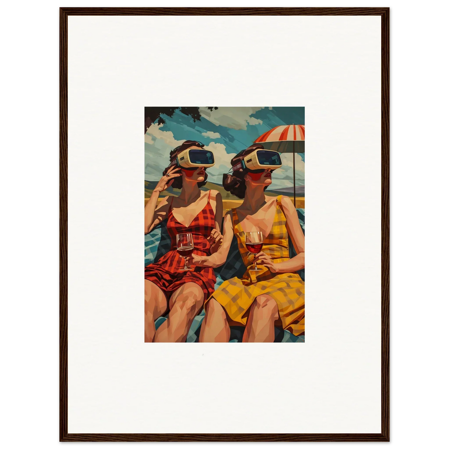 Framed vintage illustration of women at the beach for unique room decoration canvas print