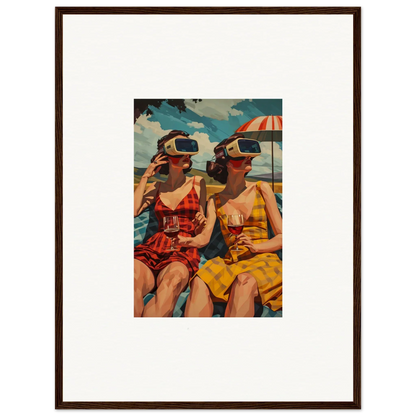 Framed vintage illustration of women at the beach for unique room decoration canvas print