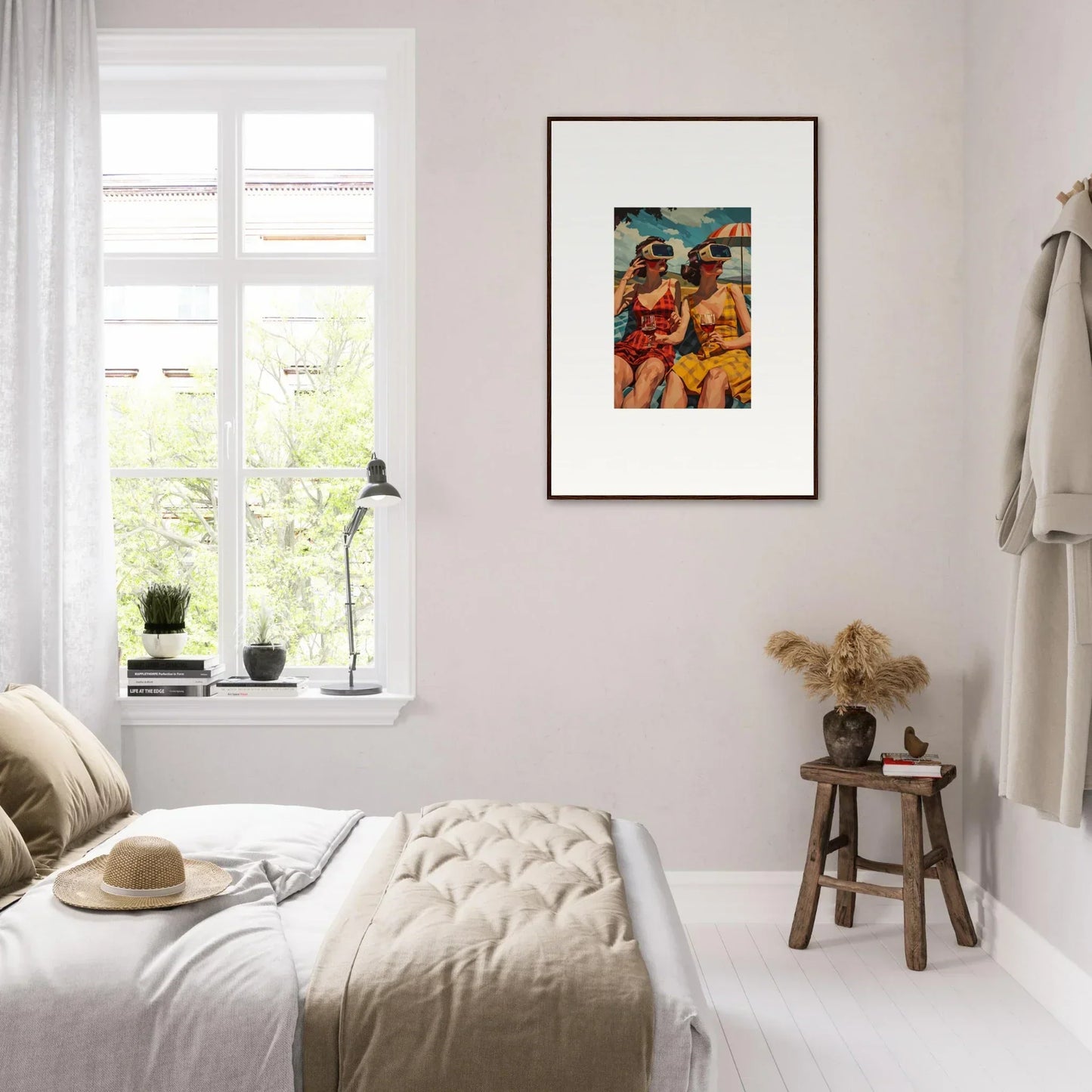 Framed canvas print of colorful figures on the beach for cool room decoration