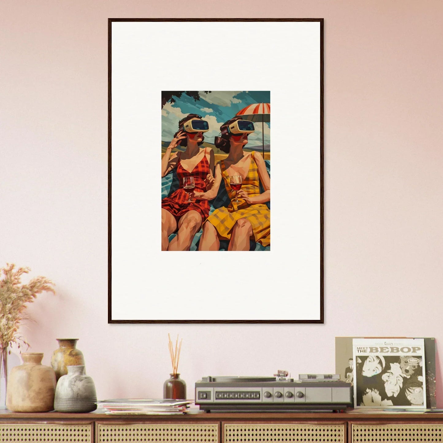 Framed canvas print of two women in swimsuits enjoying parallel realities beach vibes