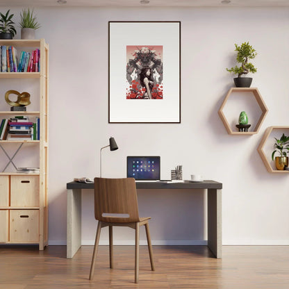 Modern home office with desk and wall art from Machina Blossoms’ Reverie collection