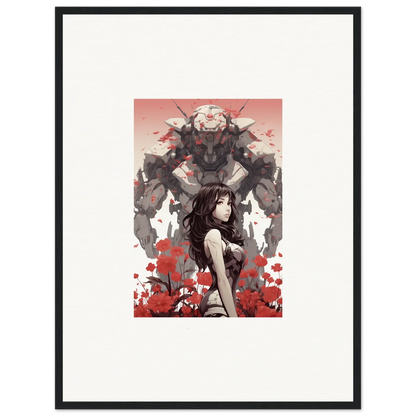 Framed wall art of a woman and robot amidst red flowers – perfect room decoration!