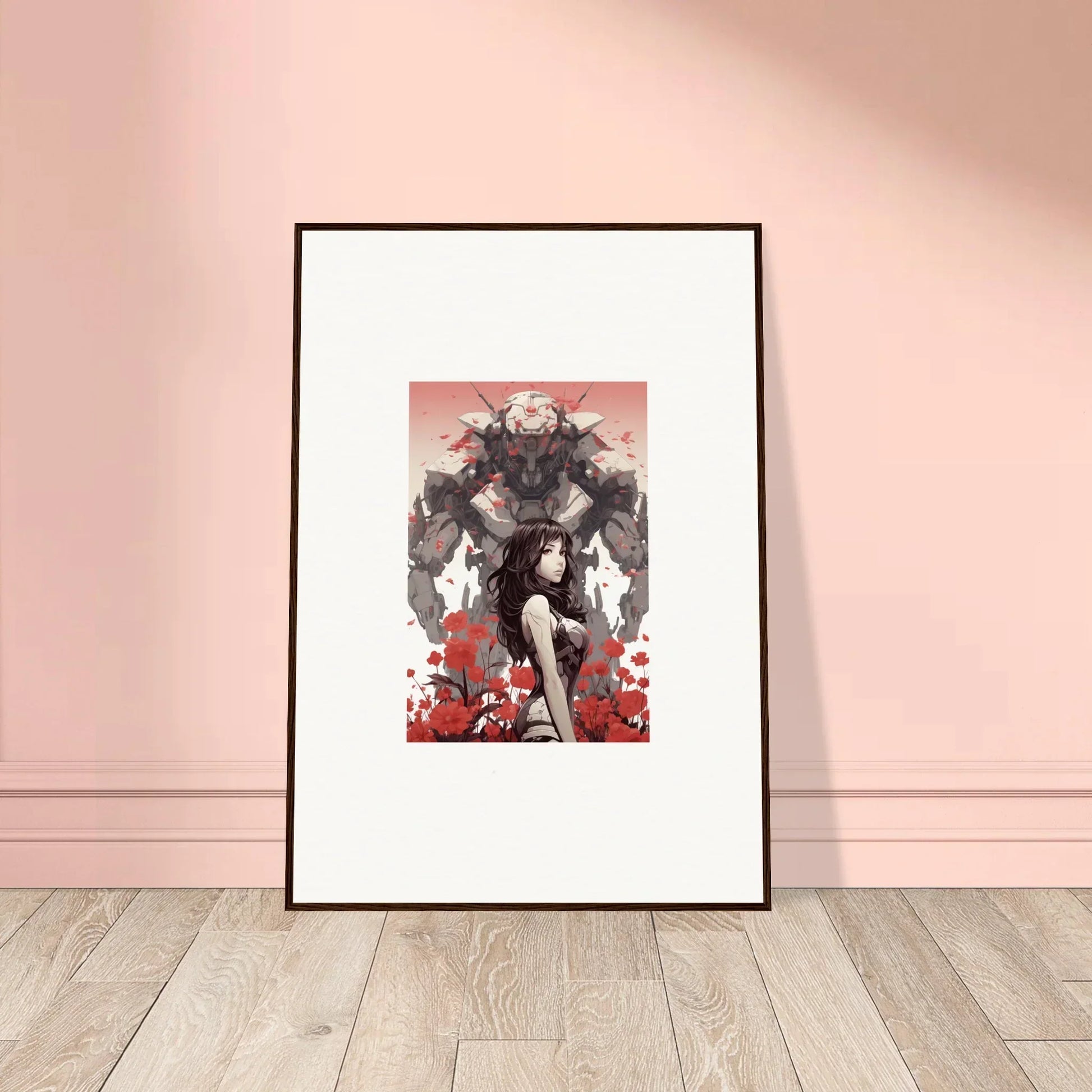 Stylized figure with wolves and red flowers canvas print for unique room decoration