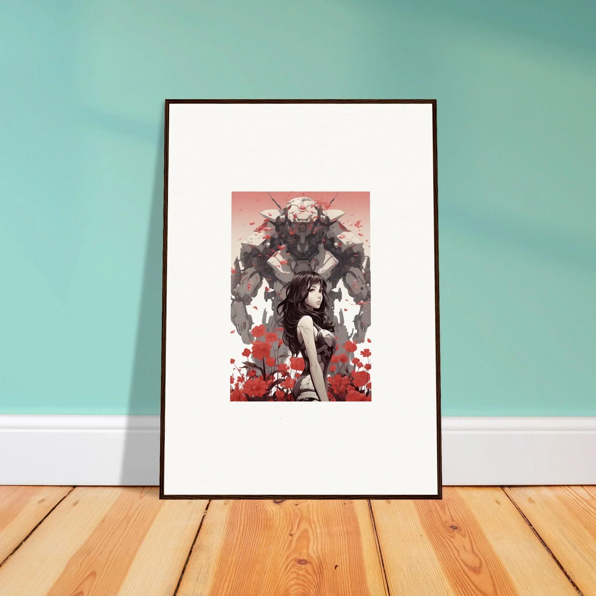 Stylized figure with mech behind, perfect for unique room decoration as canvas print wall art