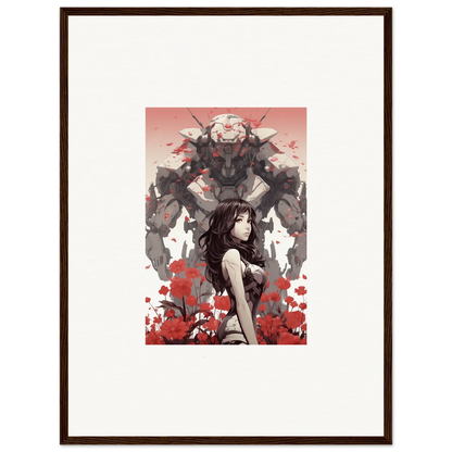 Framed canvas print of a woman with dark hair and a menacing figure for cool wall art