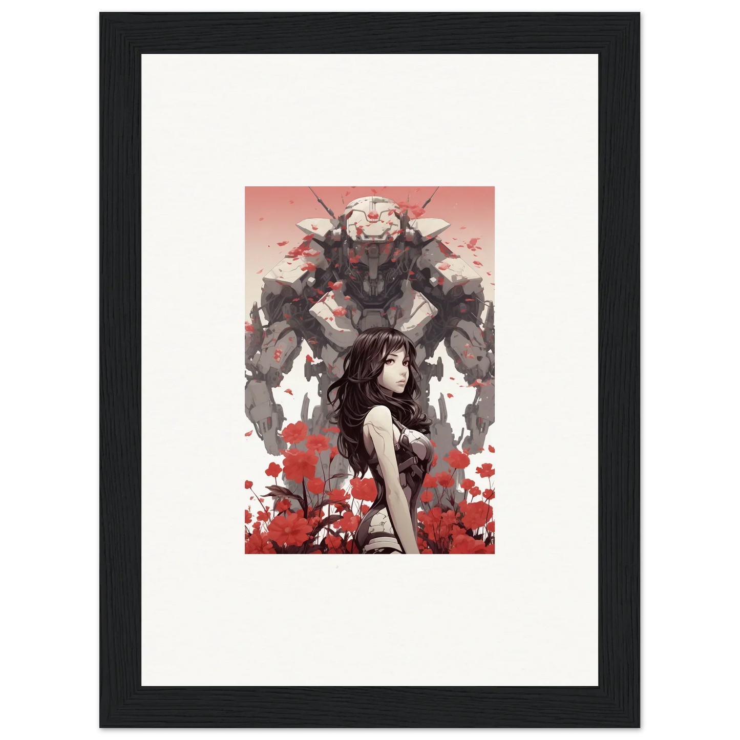 Framed canvas print of a woman facing a monster in vibrant red flowers for room decoration