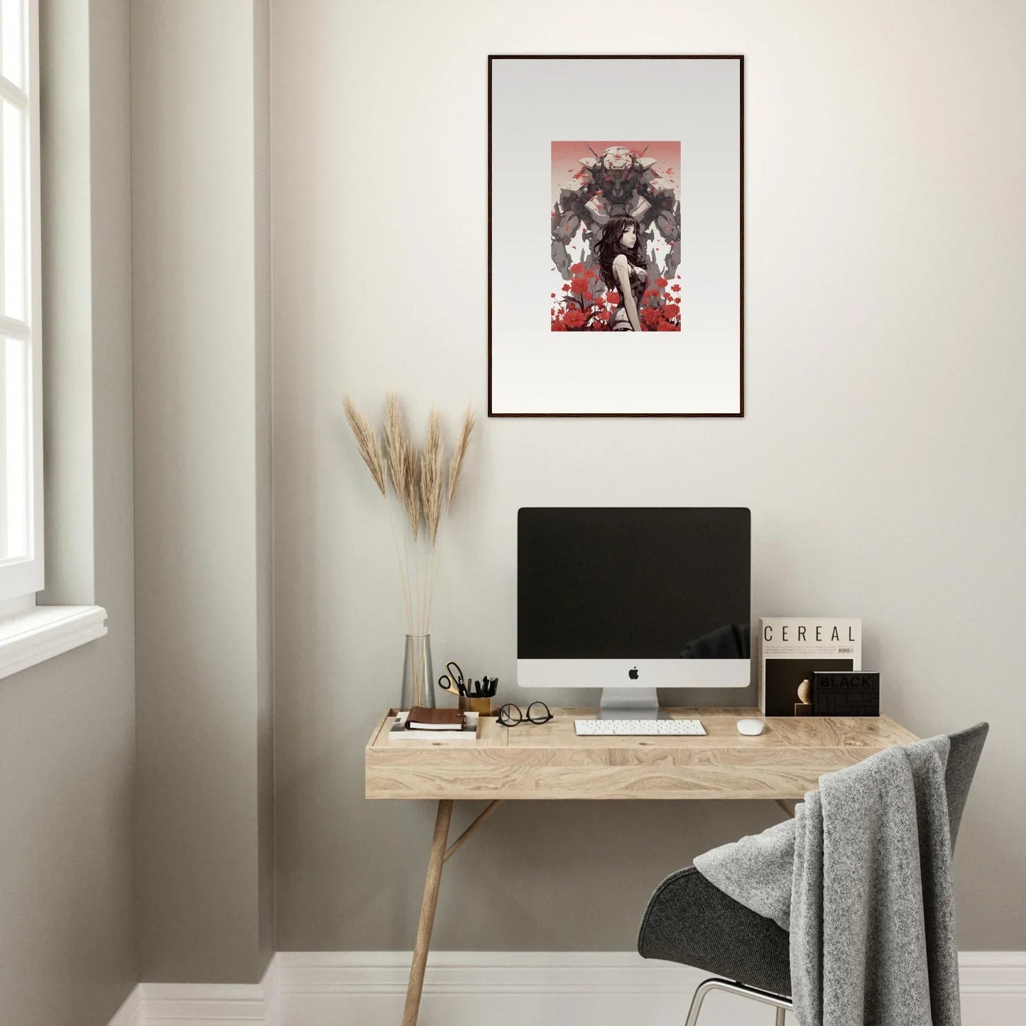 Chill minimalist home office with a wooden desk, computer, and stylish wall art