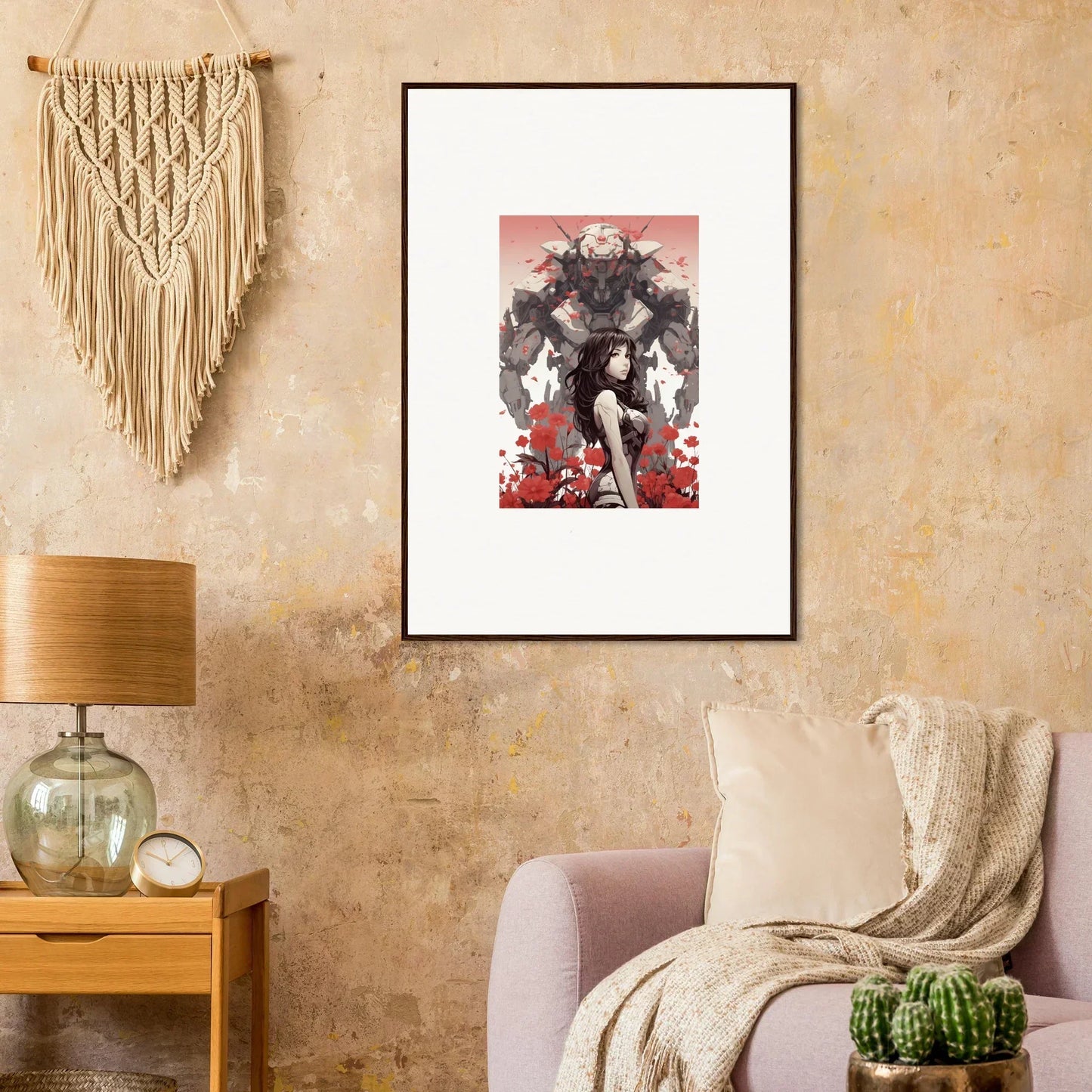 Framed canvas print of a robotic figure in red, perfect for room decoration wall art