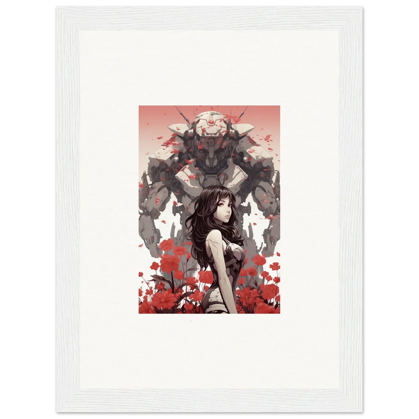 Framed canvas print of woman facing a monster, perfect for bold room decoration