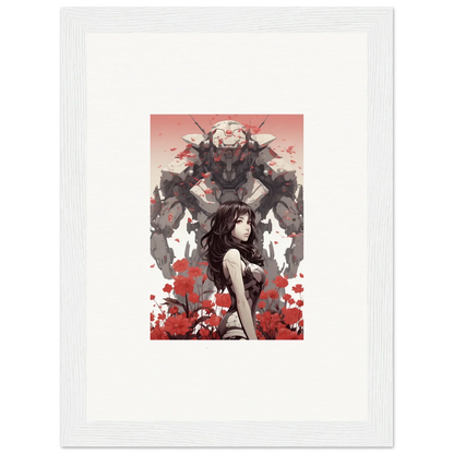 Framed canvas print of woman facing a monster, perfect for bold room decoration