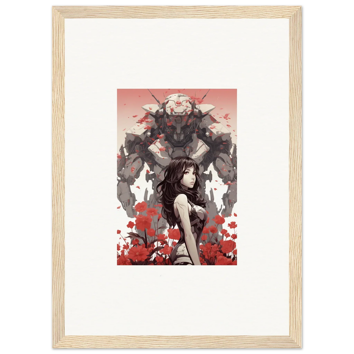 Stylish wall art of a figure and robot among flowers, perfect for room decoration