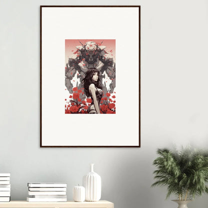 Framed canvas print of mythical creature over female figure in red flowers, perfect wall art