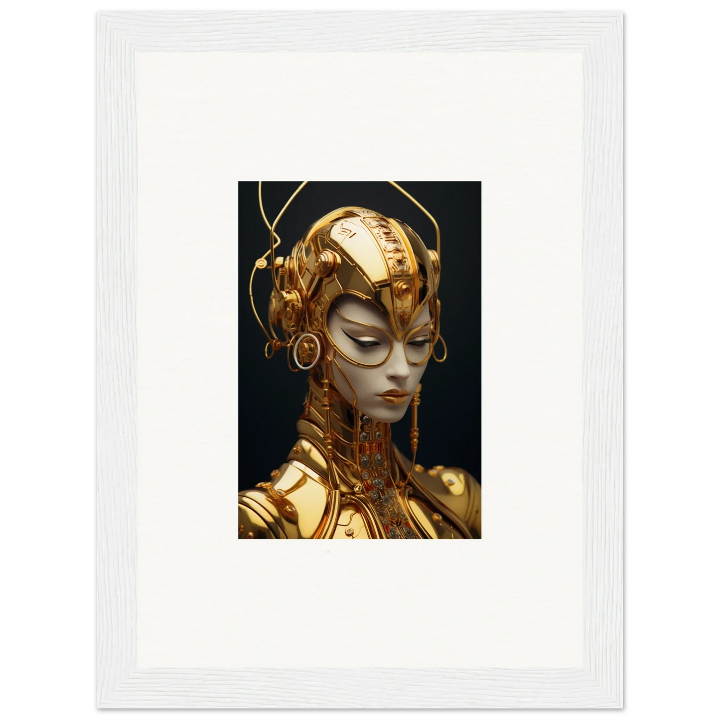 Futuristic golden humanoid figure with ornate headpiece for Moulin Mystique room decoration