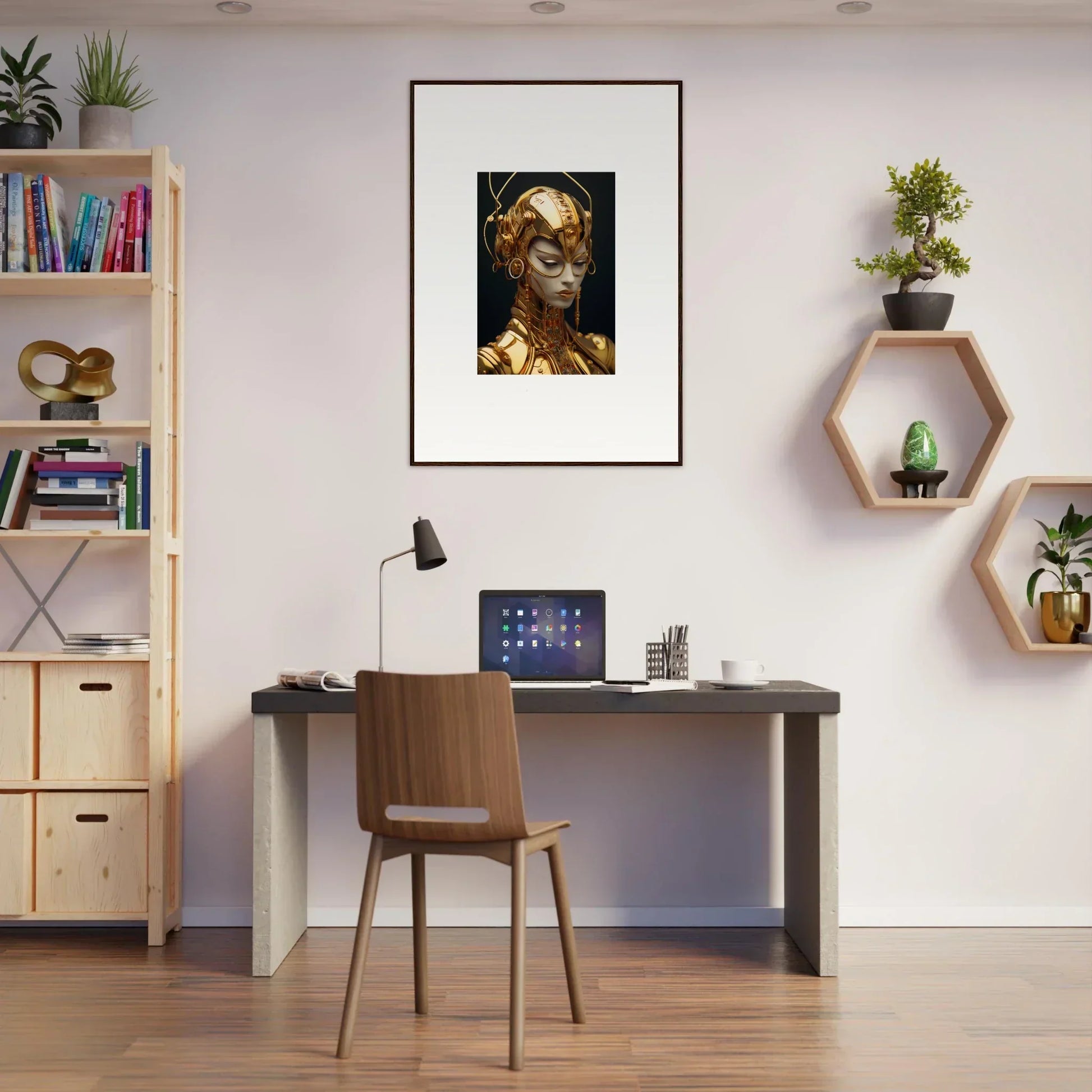 Modern home office with Moulin Mystique canvas print and stylish room decoration