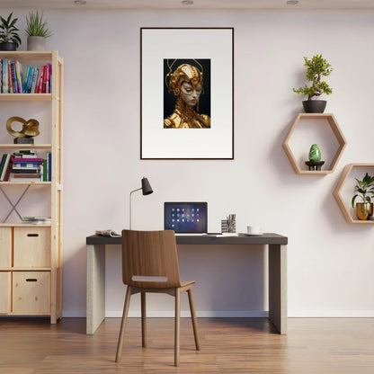 Modern home office with Moulin Mystique canvas print and stylish room decoration