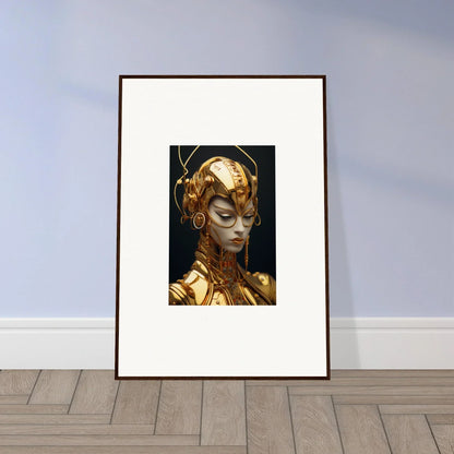 Framed canvas print of a golden cyborg figure artwork for Moulin Mystique room decoration