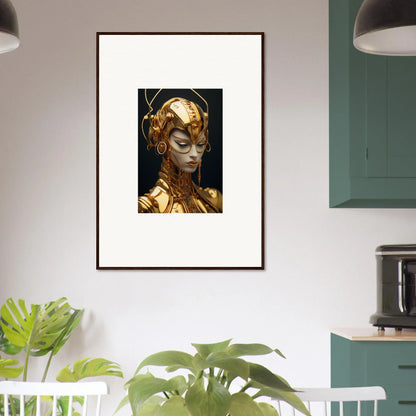 Framed canvas print of a golden robotic figure, perfect for Moulin Mystique room decoration