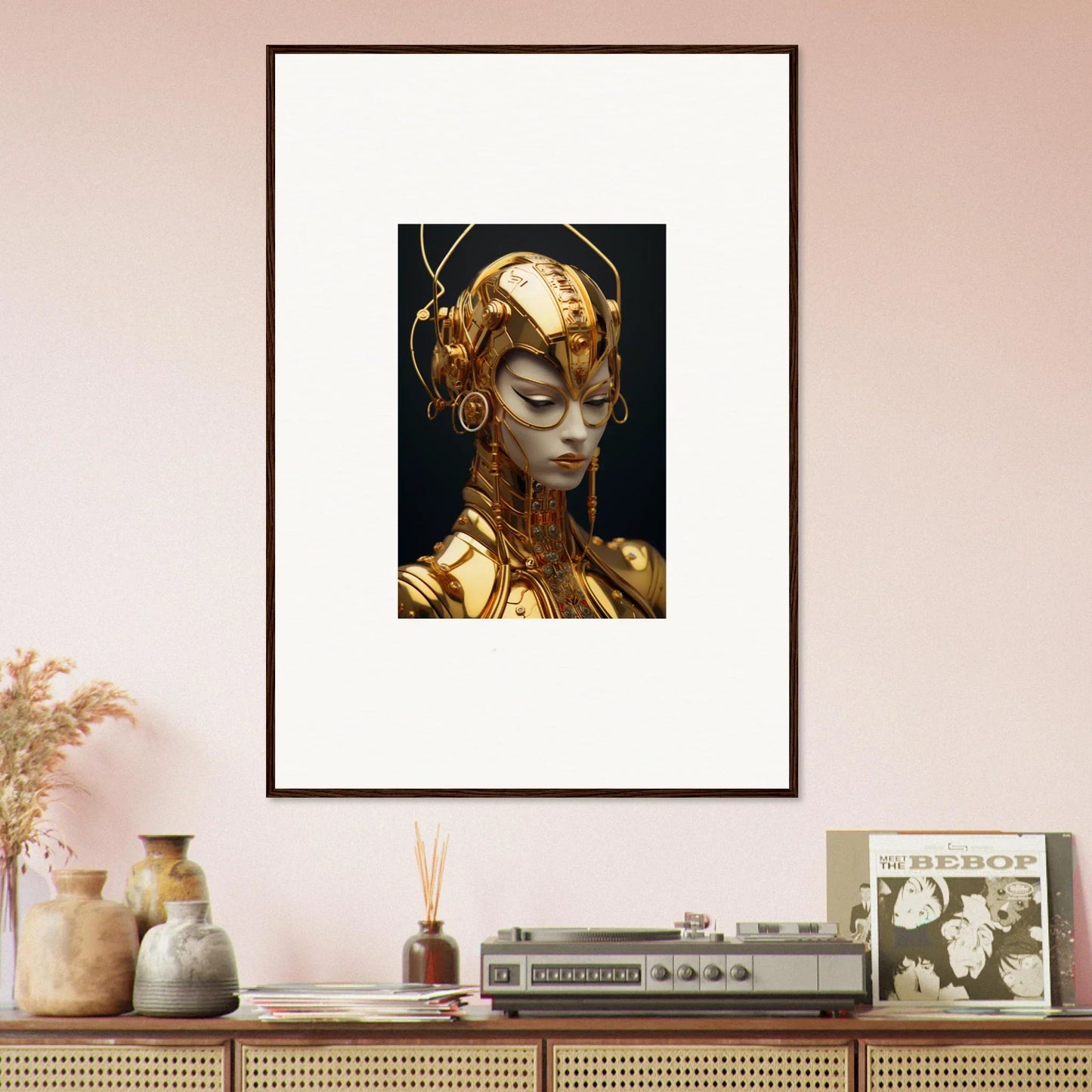 Framed canvas print of a golden humanoid figure for Moulin Mystique room decoration