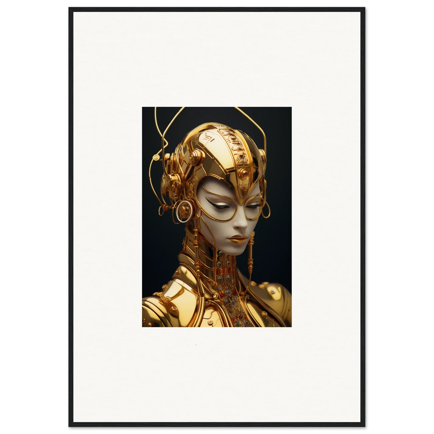 Futuristic golden Robot with closed eyes, perfect for Moulin Mystique room decoration