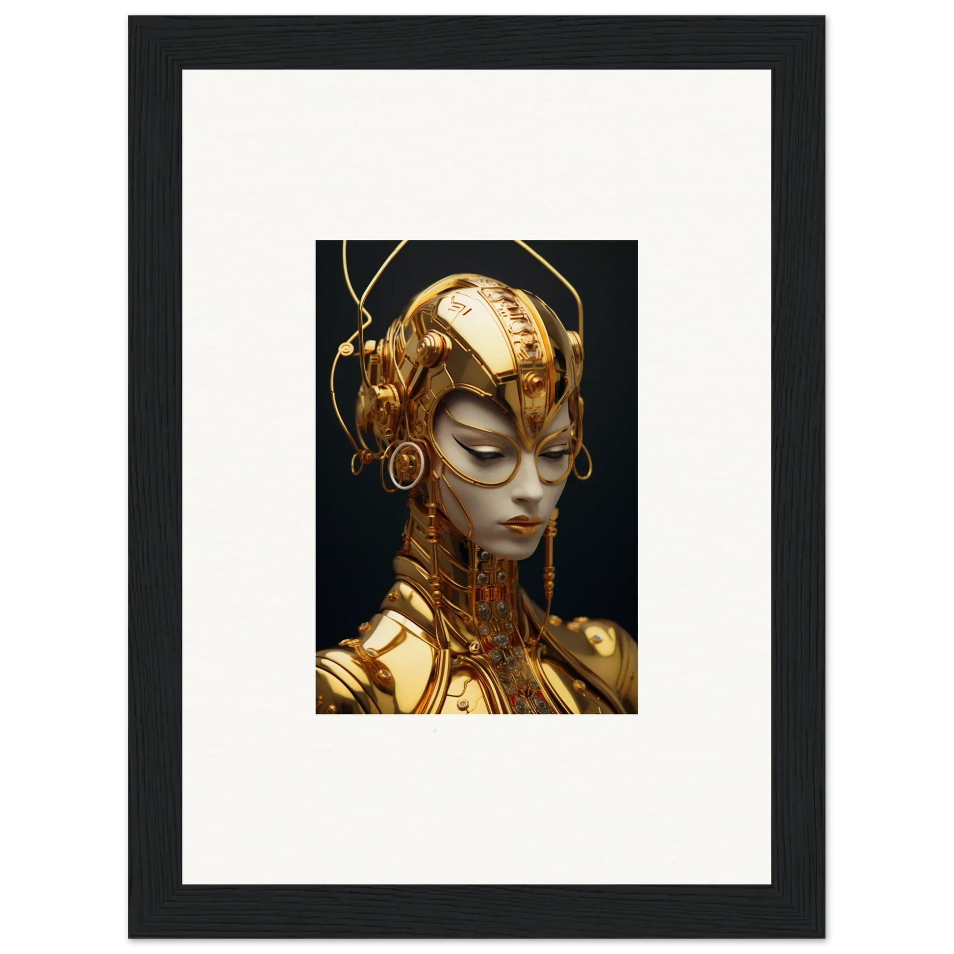 Framed canvas print of a golden cyborg from Moulin Mystique for stylish room decoration