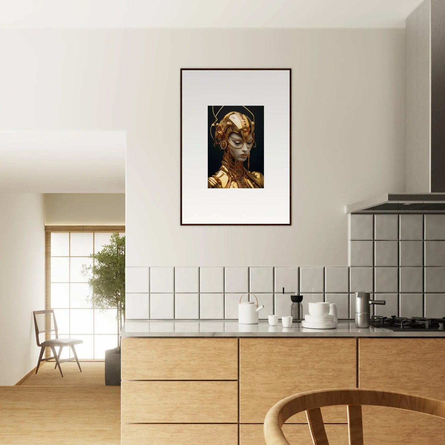 Framed portrait of a person with golden skin and ornate headdress for Moulin Mystique room decoration