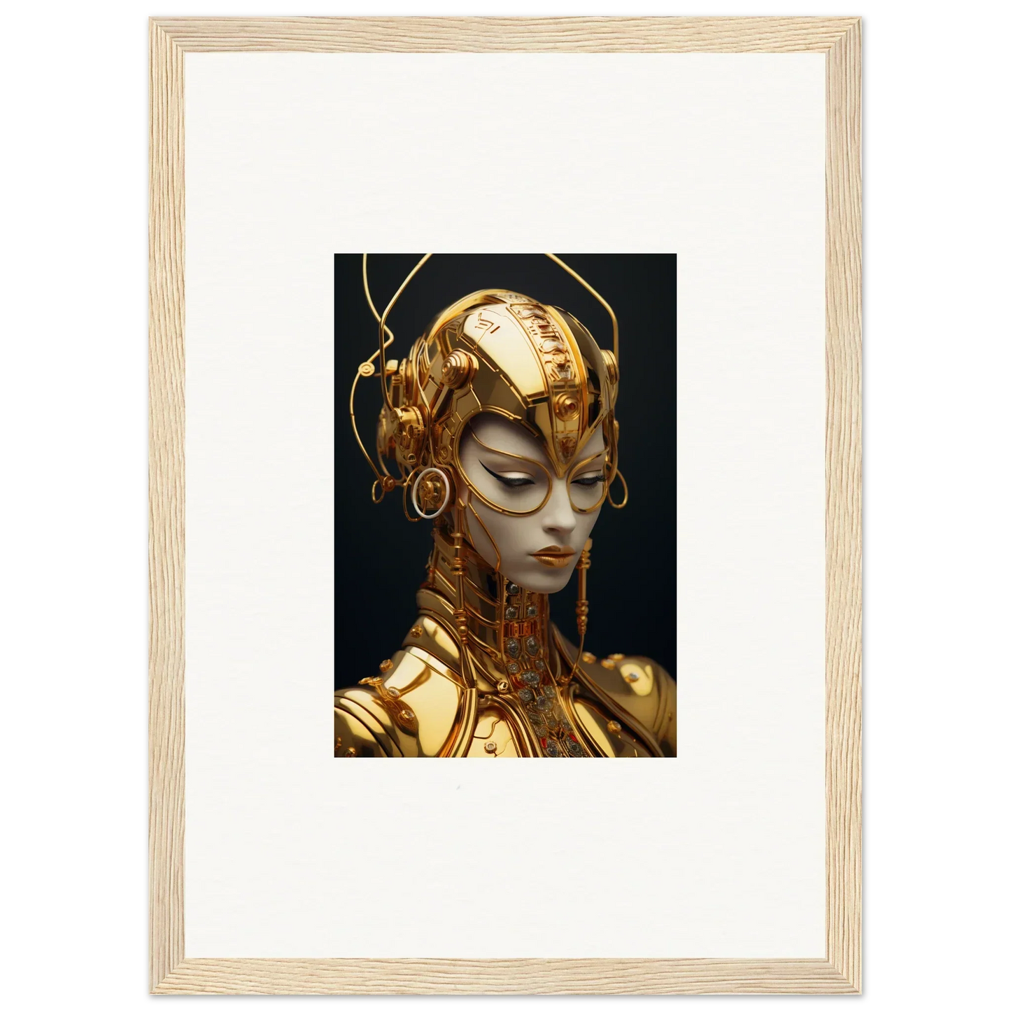 Futuristic golden humanoid figure with headpiece, perfect for Moulin Mystique room decoration