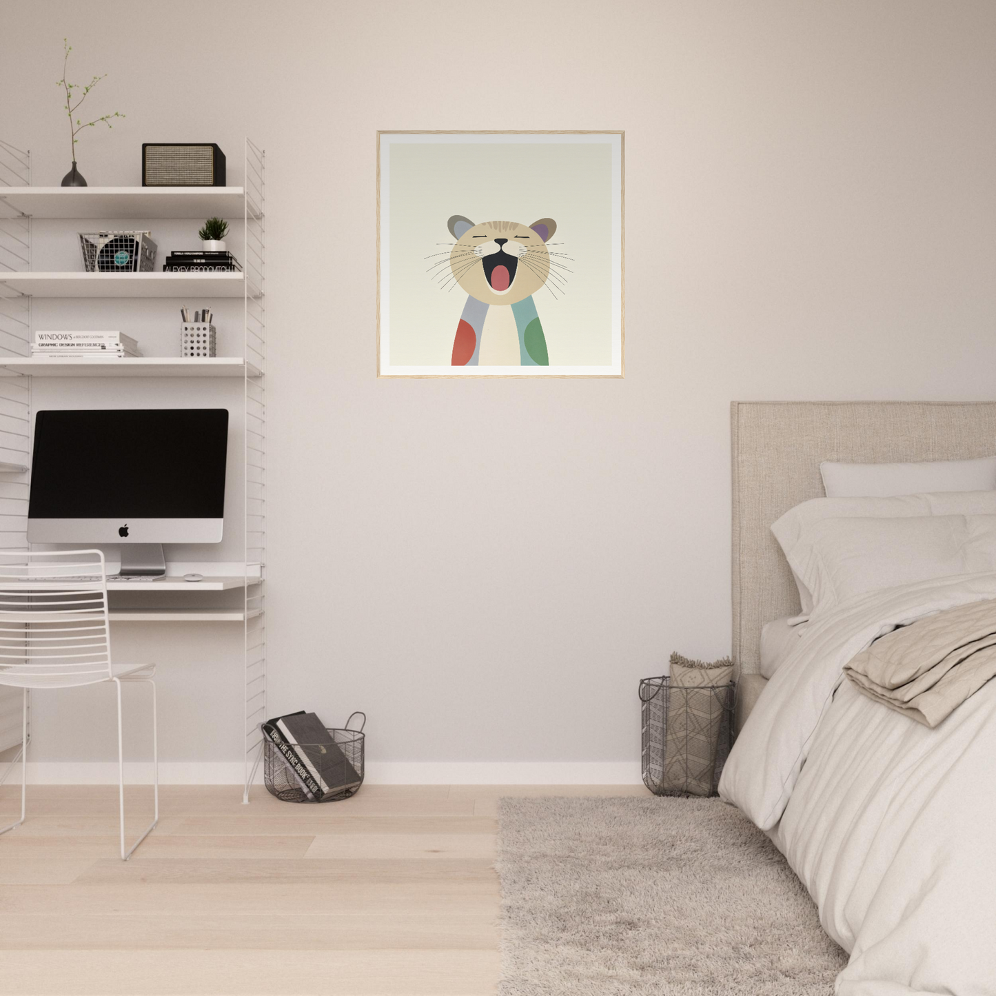 Minimalist bedroom with floating shelves, iMac, and whimsical bear artwork in Majestic Feline Viva
