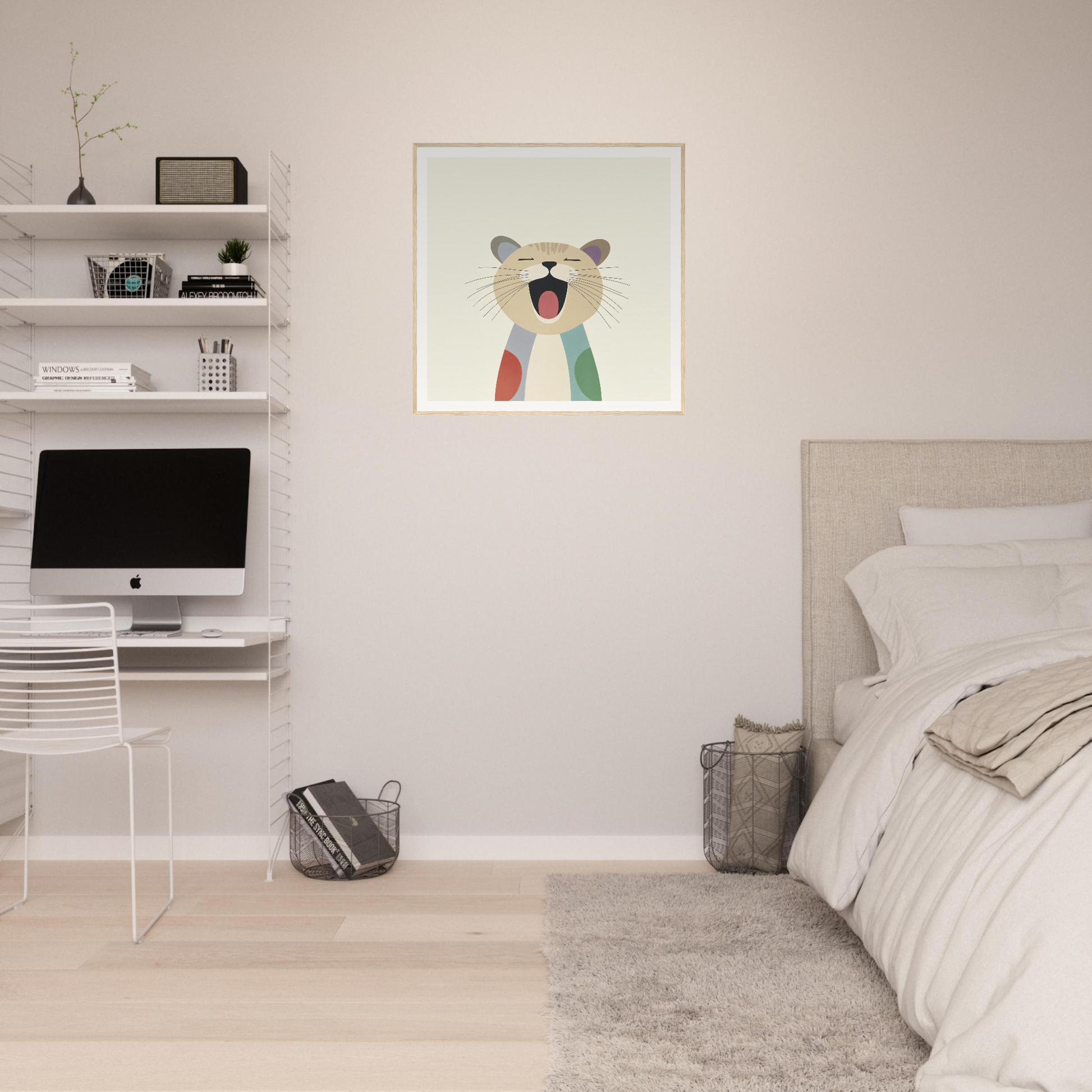 Minimalist bedroom with floating shelves, iMac, and whimsical bear artwork in Majestic Feline Viva