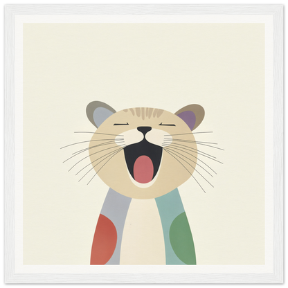 Cartoon cat yawning in a colorful scarf for Majestic Feline Viva product display