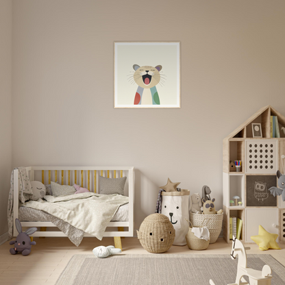 Cozy nursery with neutral tones and wooden crib, featuring Majestic Feline Viva accessories