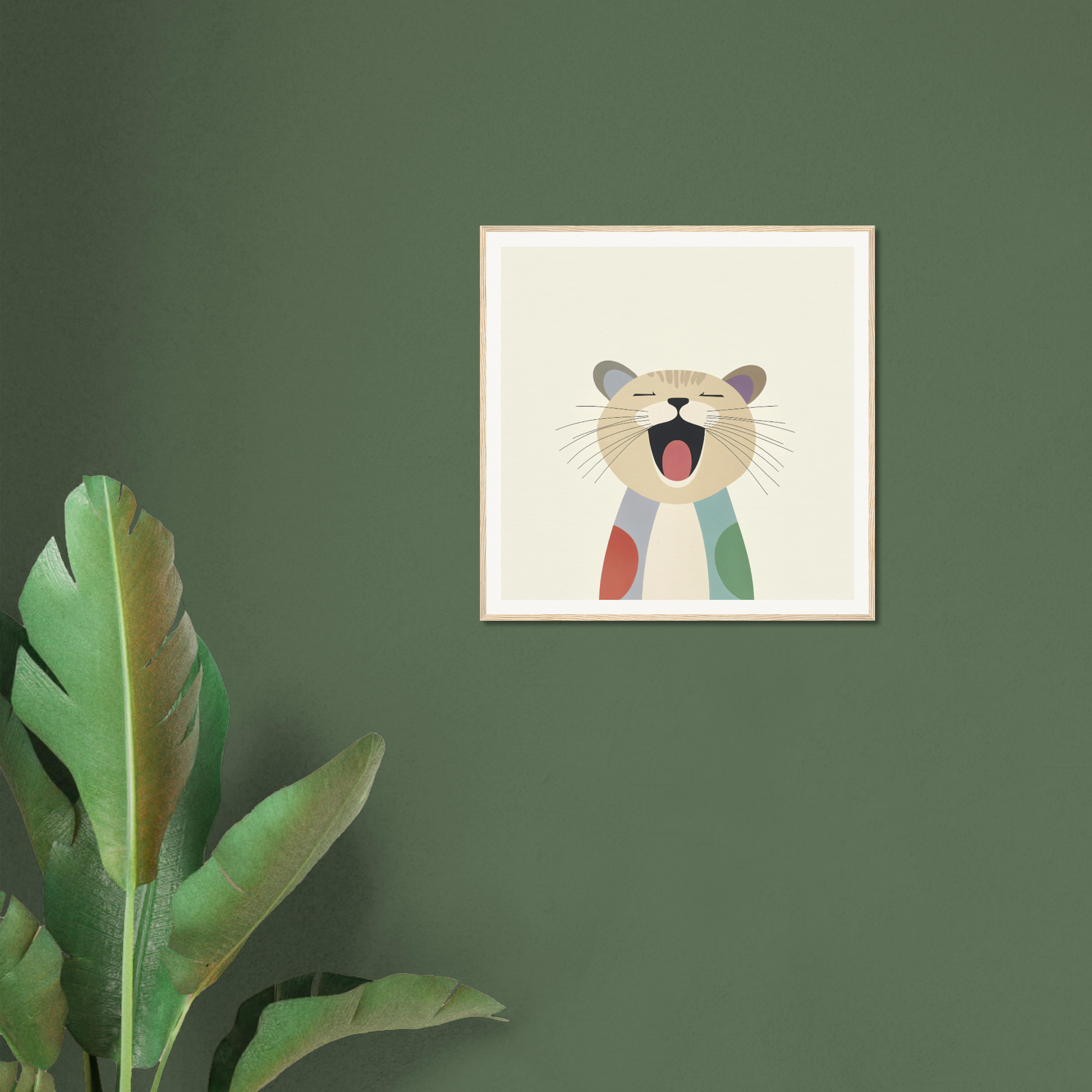 Framed illustration of a yawning cat in a scarf from Majestic Feline Viva