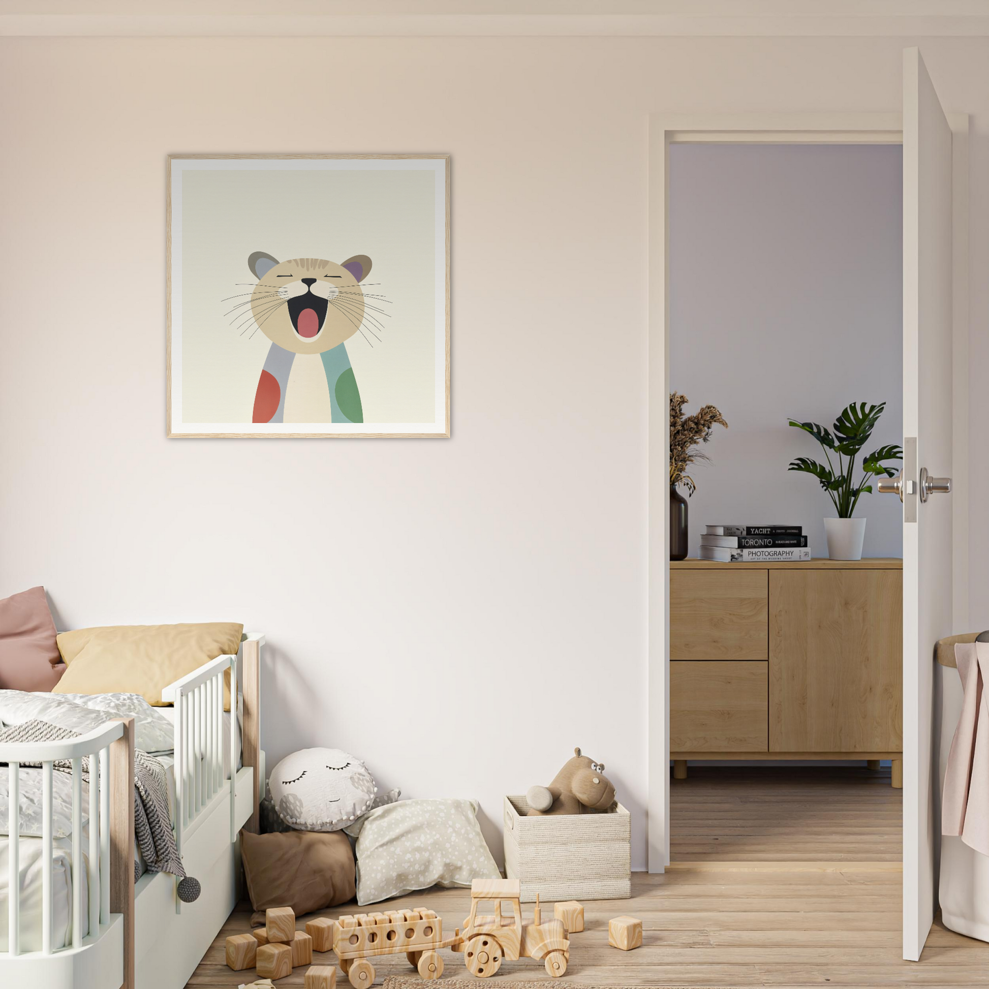 Framed cartoon illustration of a joyful bear in a scarf for Majestic Feline Viva