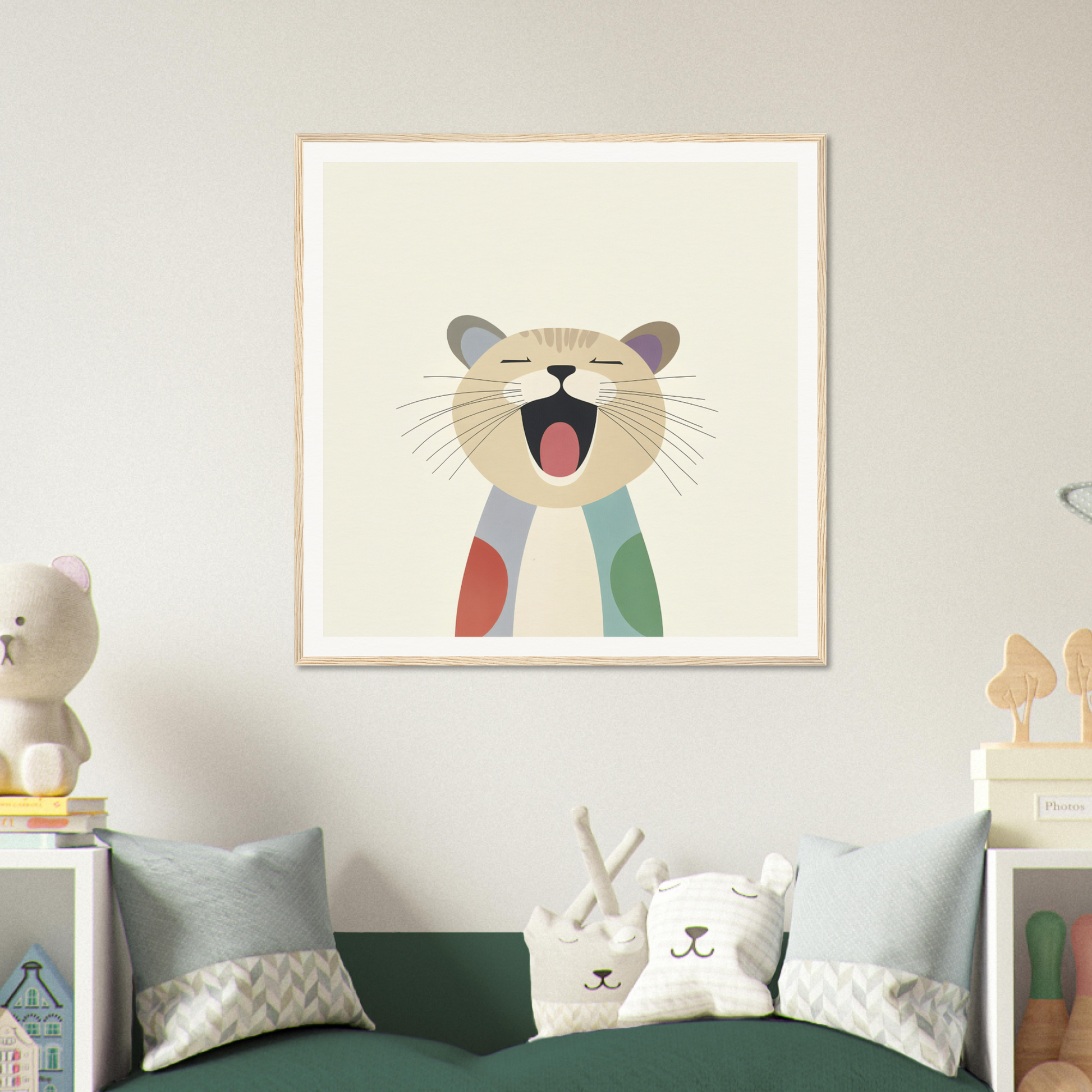 Framed artwork of a cheerful cartoon cat in a colorful scarf - Majestic Feline Viva
