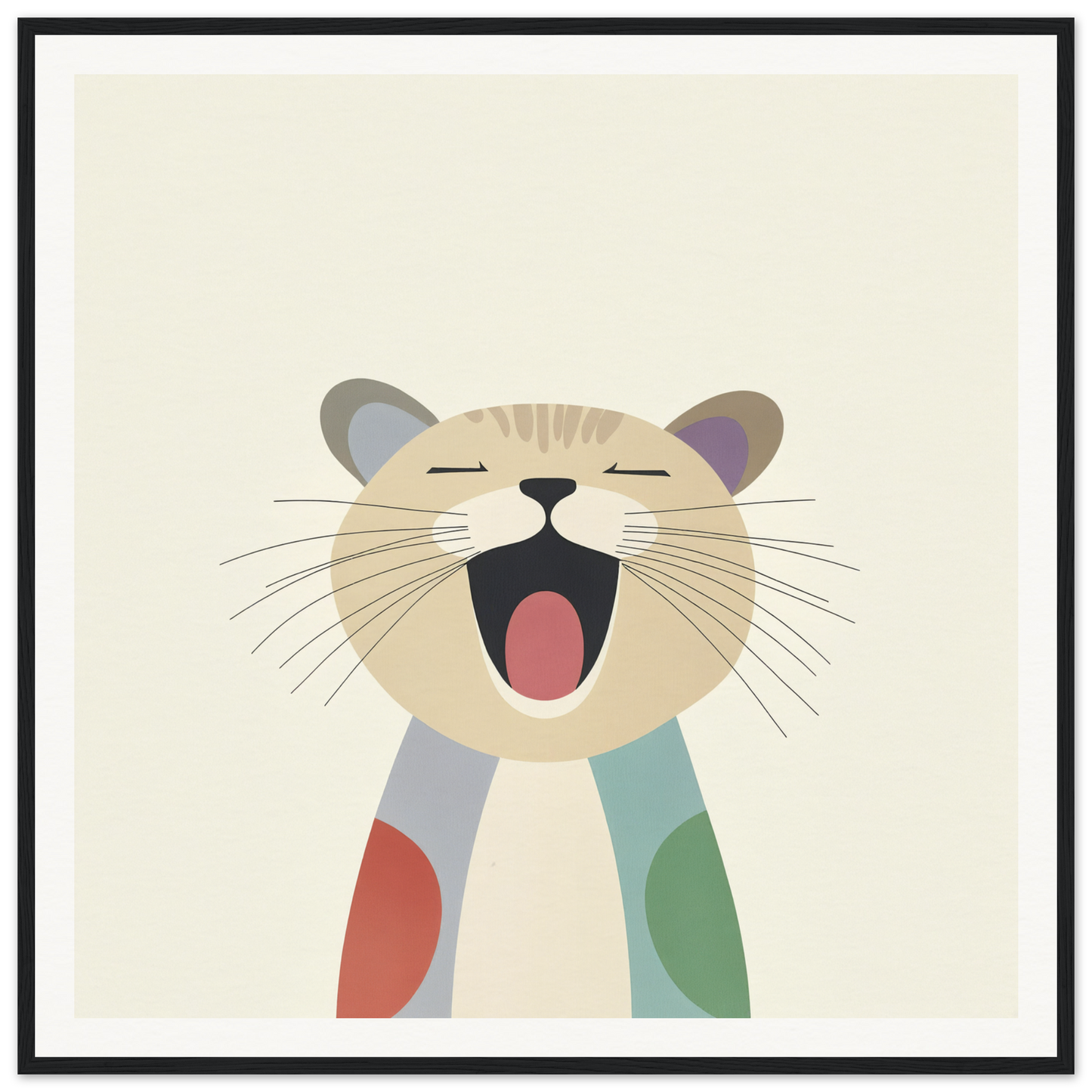 Yawning cartoon cat with geometric shapes, showcasing Majestic Feline Viva design