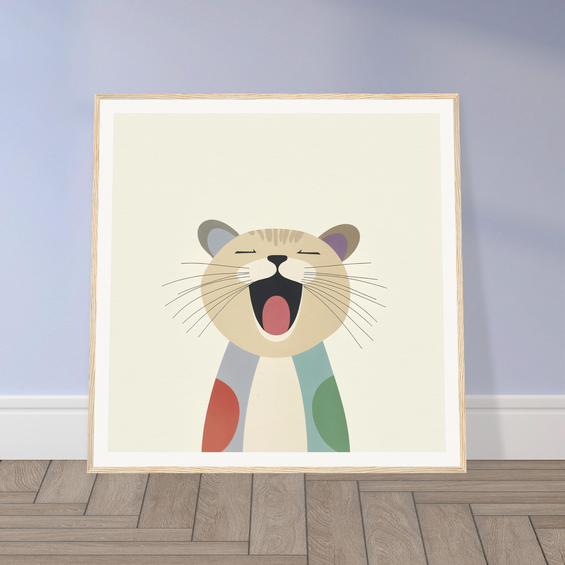 Minimalist illustration of a yawning cat in a colorful scarf for Majestic Feline Viva
