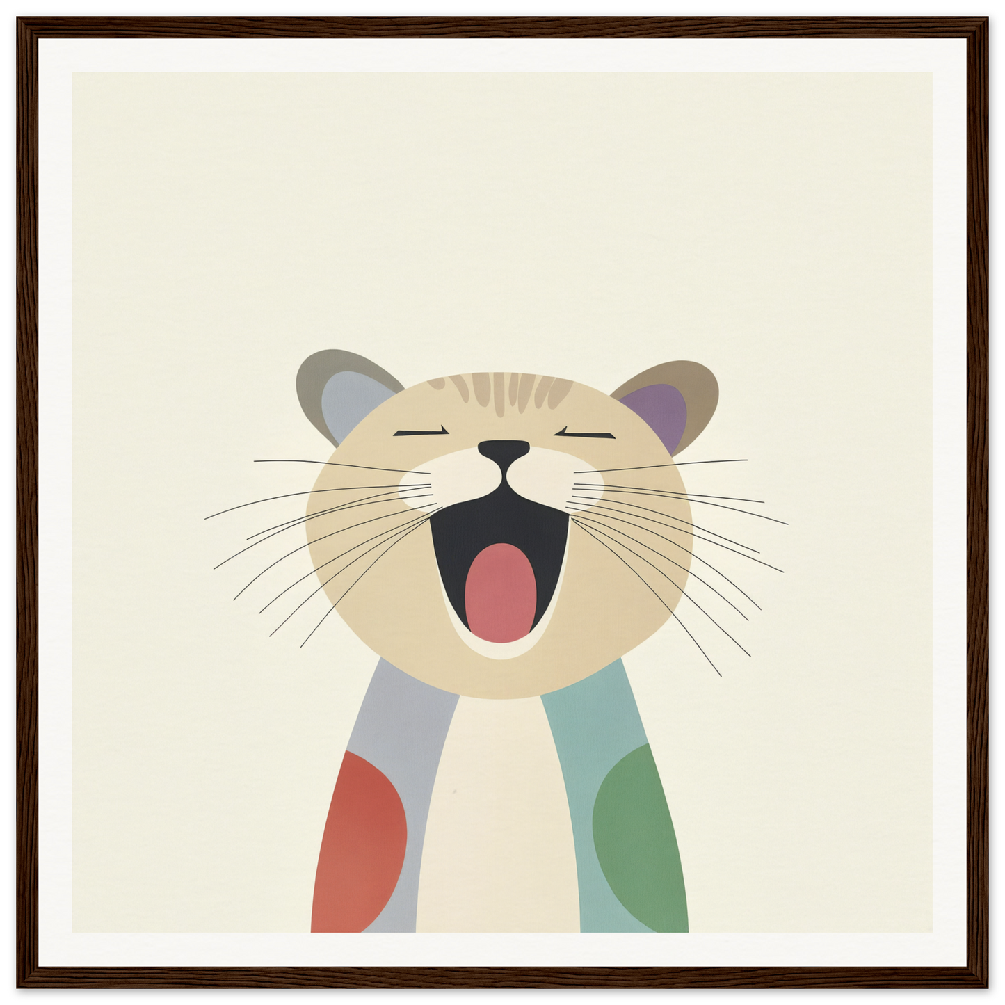 Yawning cartoon cat with colorful patches in Majestic Feline Viva design