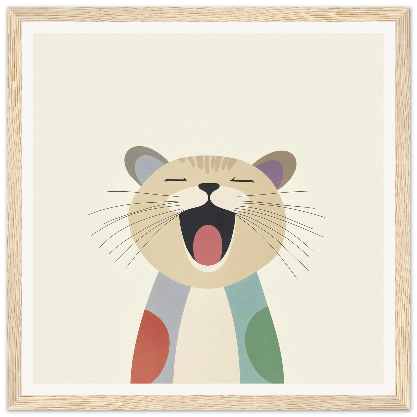 Yawning cartoon cat with colorful patches and scarf from Majestic Feline Viva