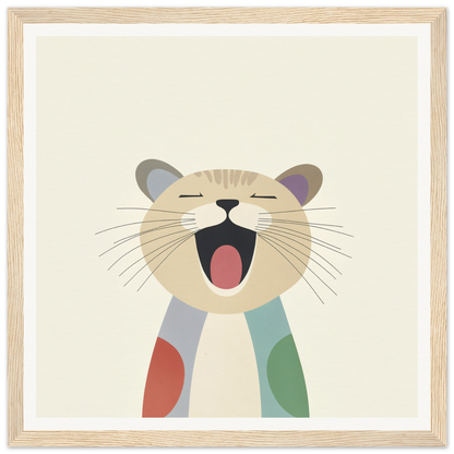 Yawning cartoon cat with colorful patches and scarf from Majestic Feline Viva